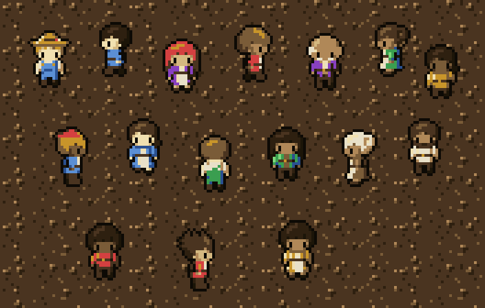 A crowd of villagers with different outfits, hair and skin tones