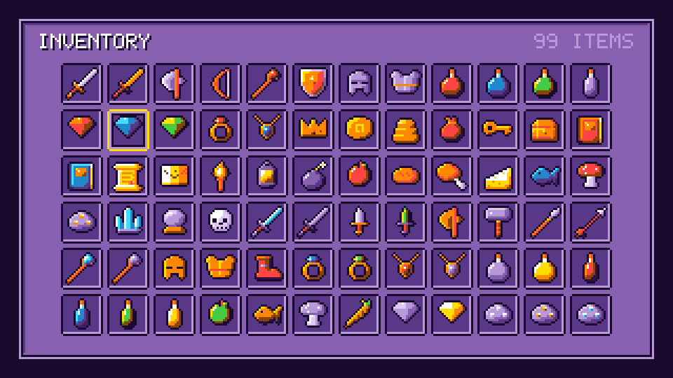 Item icons in the Retro 8-bit palette