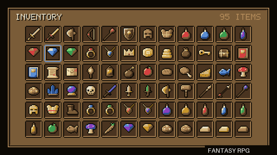 An inventory full of icons cycling through ten palettes