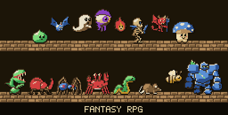 All sixteen monsters animating, cycling through eight palettes