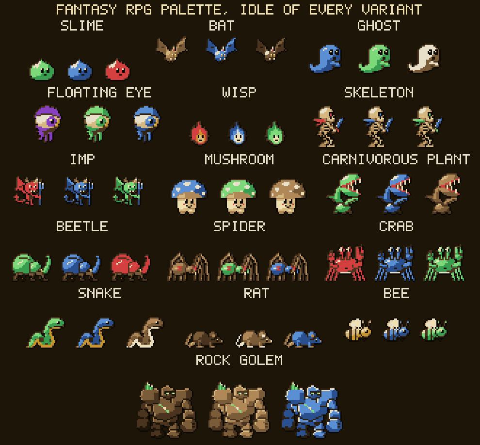 Every monster and colour variant in the Fantasy RPG palette