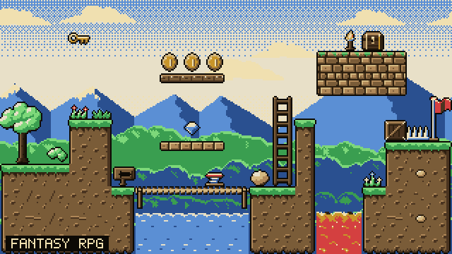 The same platformer level cycling through eleven palettes, coins and water moving