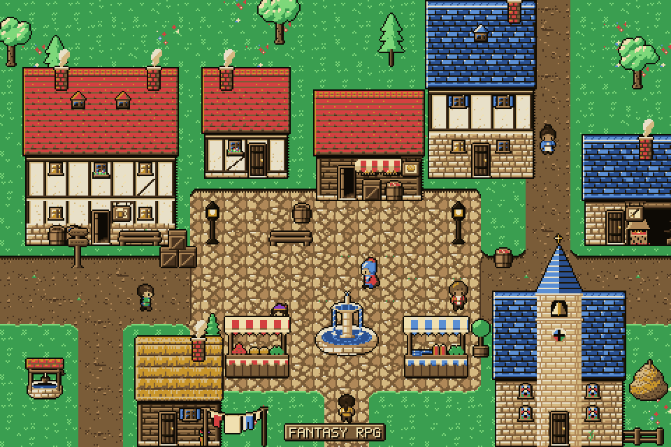The same village cycling through five palettes, fountain and fire moving